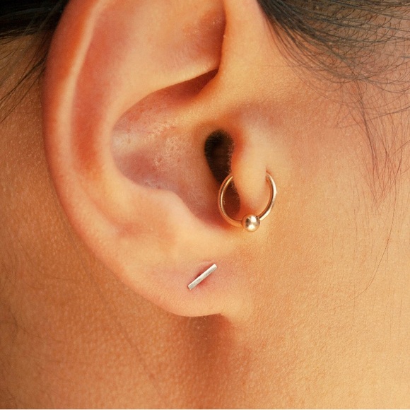 Tiny Solid 14 Karat White Gold Line Earrings Pair with Push Backs - Picture 4 of 5